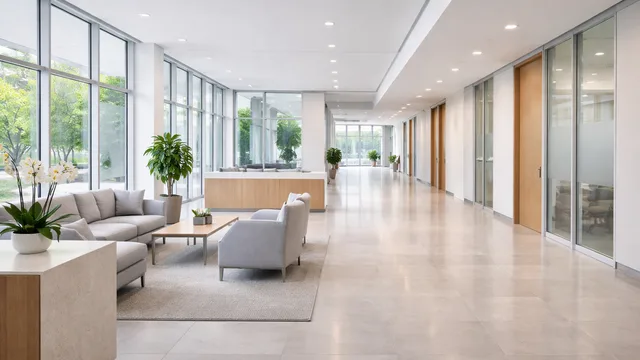 Bright commercial lobby and corridor representing the industries Oasis Cleaning supports across MA and CT