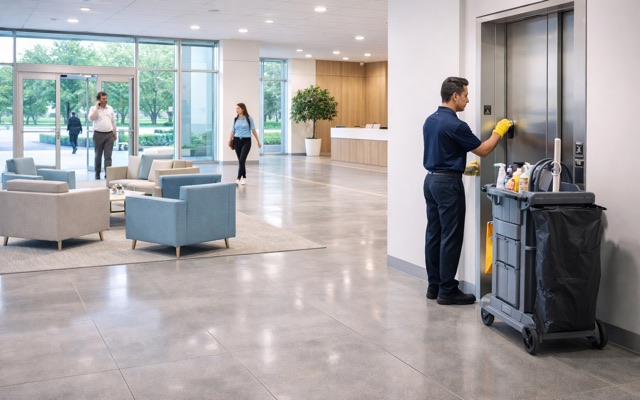 Day porter staff cleaning an elevator touchpoint inside an occupied commercial lobby