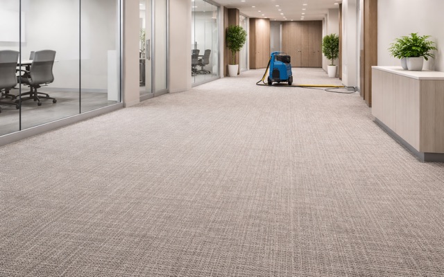 Commercial carpet shampoo with extraction equipment set up in an office corridor
