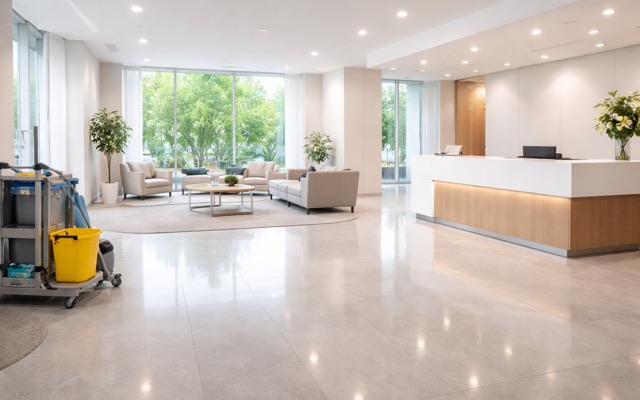 Janitorial cleaning in a commercial lobby and reception area