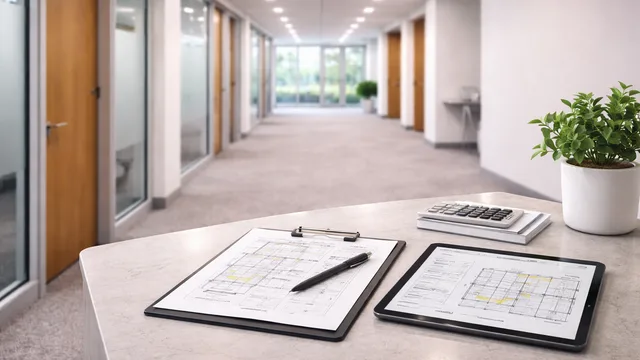 Commercial janitorial pricing guide worksheet and tablet on a reception desk