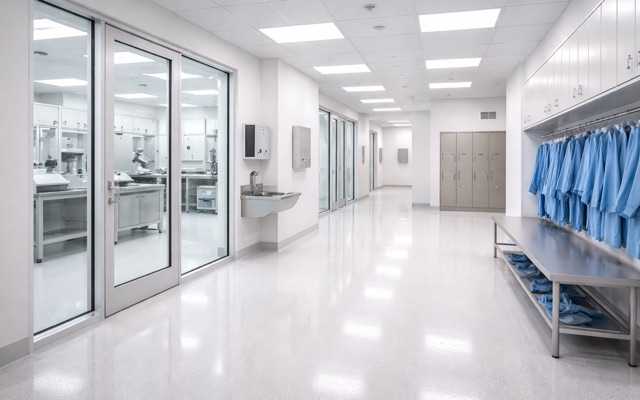 Life sciences cleaning in a regulated corridor with gowning storage and lab support rooms