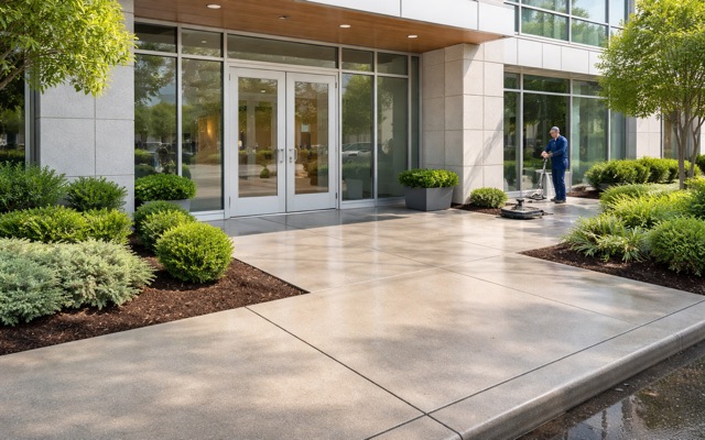 Commercial power washing at a building entry and sidewalk