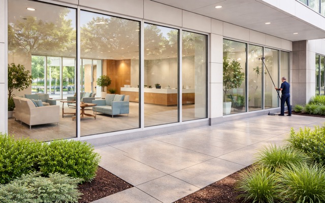 Commercial window cleaning on exterior glass at a building facade